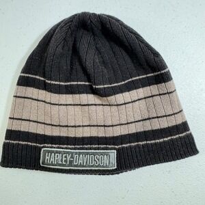 Harley Davidson‎ Striped Knit Beanie Hat Black Tan unisex Winter Warm USA  made